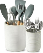 HASENSE Cooking Utensil Holder, 7.4"+5.5" Ceramic Kitchen Utensil Holder for Counter, Rustic Utensil Oganizer Crocks for Spatula, Kitchen Gift for Birthday Wedding, Set of 2, Clay-Infused White