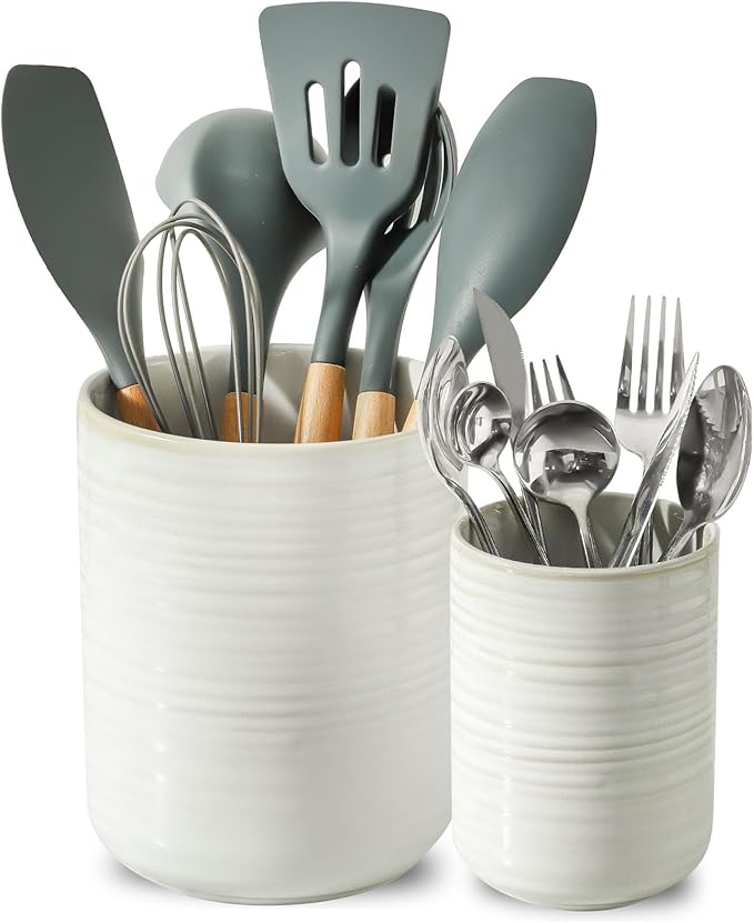 HASENSE Cooking Utensil Holder, 7.4"+5.5" Ceramic Kitchen Utensil Holder for Counter, Rustic Utensil Oganizer Crocks for Spatula, Kitchen Gift for Birthday Wedding, Set of 2, Clay-Infused White