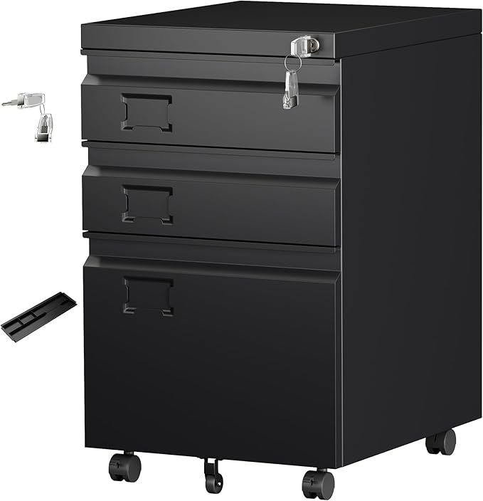 Aobabo 3 Drawer Metal File Cabinet with Lock, Heavy Duty Under Desk Rolling Filing Cabinet for Home Office Organizer, Mobile Pedestal with 5 Wheels for Letter and Legal Size, Black,Required Assembly