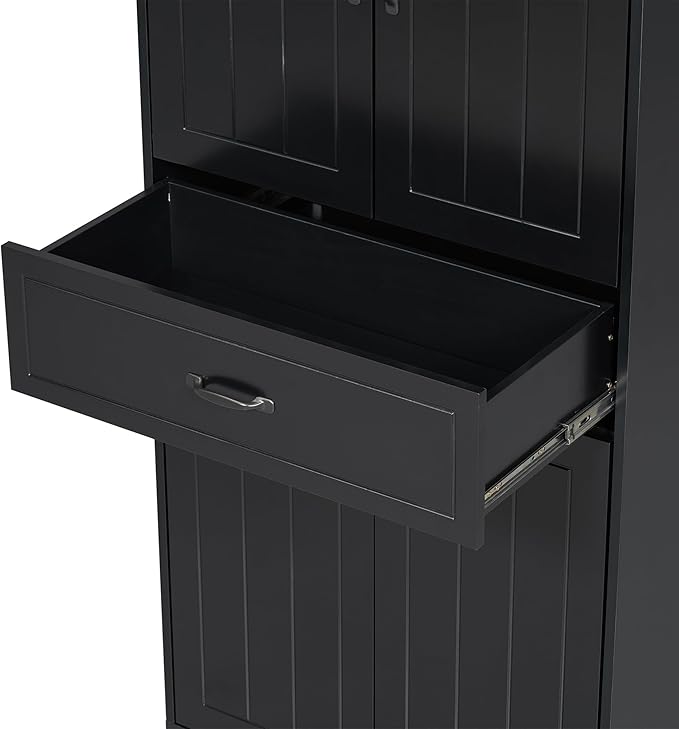 Tall Tilt Out Laundry Cabinet with 2 Tilt Out Laundry Hamper, Wood Bathroom Storage Cabinet with Doors,Drawers and Adjustable Shelves Freestanding (Black)