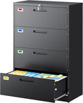 4 Drawer File Cabinet, Lateral Filing Cabinets for Home Office, Office Storage Drawers with Lock, Hanging Files Legal/Letter A4 Size (Assemble Required,Black)