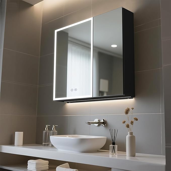 Lighted Mirror Medicine Cabinet, 30 x 28 inch LED Bathroom Mirror Cabinet with Anti-Fog, Dimmable 3 Colors Front & Bottom Light, Buit-in Sockets & USBs, 2 Shelves, Plug-in or Hardwired