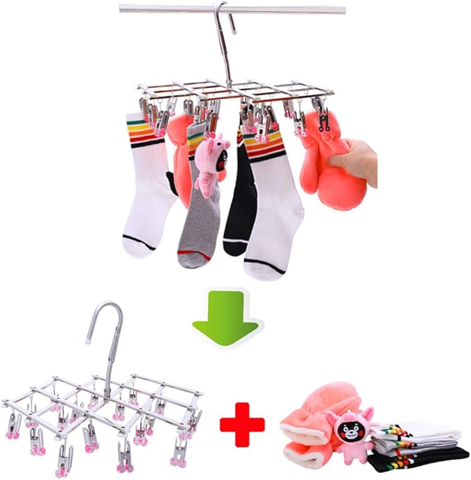 Drying Hanger, Hanging Drying Rack, Drip Hanger Stainless Steel with 18 Pegs for Laundry Underwear Socks, Quickly Remove Clothes from Hanger, Windproof, Folding Portable, (Red)