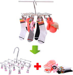 Drying Hanger, Hanging Drying Rack, Drip Hanger Stainless Steel with 18 Pegs for Laundry Underwear Socks, Quickly Remove Clothes from Hanger, Windproof, Folding Portable, (Red)