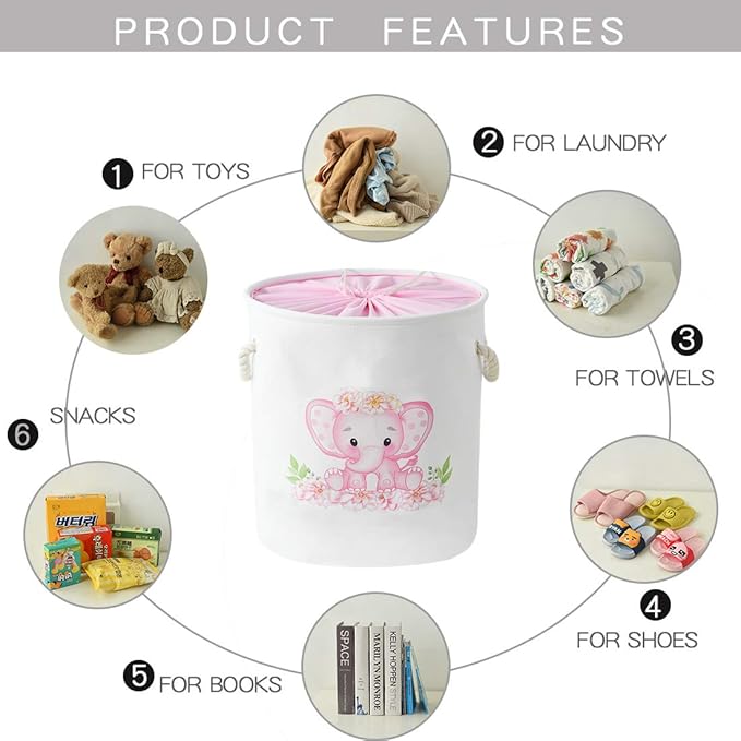 INough Baby Basket Pink Hamper Large Kids Hamper Baby Laundry Hampers for Nursery Girl, Girls Laundry Baskets for Kids, Dirty Clothes Basket Collapsible Kids Toys Orgnizer for Kidsroom/Nursery