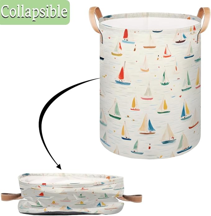 Cartoon Sailboat Collapsible Laundry Basket Large Laundry Hamper Waterproof Foldable Storage Bins Laundry Basket with Leather Handles Clothes Nursery Hampers