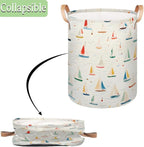 Cartoon Sailboat Collapsible Laundry Basket Large Laundry Hamper Waterproof Foldable Storage Bins Laundry Basket with Leather Handles Clothes Nursery Hampers