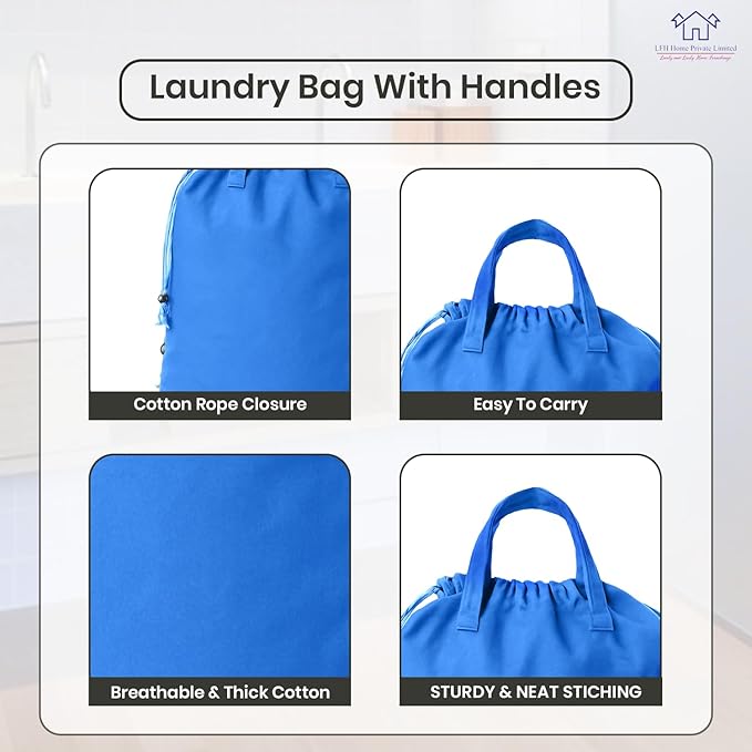 LFH Home Large Premium Cotton Canvas Laundry Bag with Drawstring and Handles Heavy Duty, Multi-Use, and Washable for Home, Travel, College or Storage 28x40 (Pack of 2)-Sky Blue