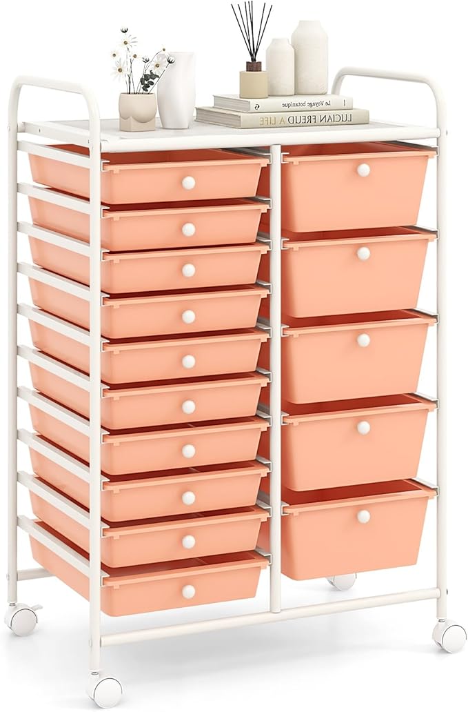 RELAX4LIFE 15-Drawer Storage Drawer Carts - Mobile Rolling Utility Cart w/Wheels, Craft Organizer for Classroom Organization and Storage, School, Office, Home, Storage Organizer Cart (Pink)
