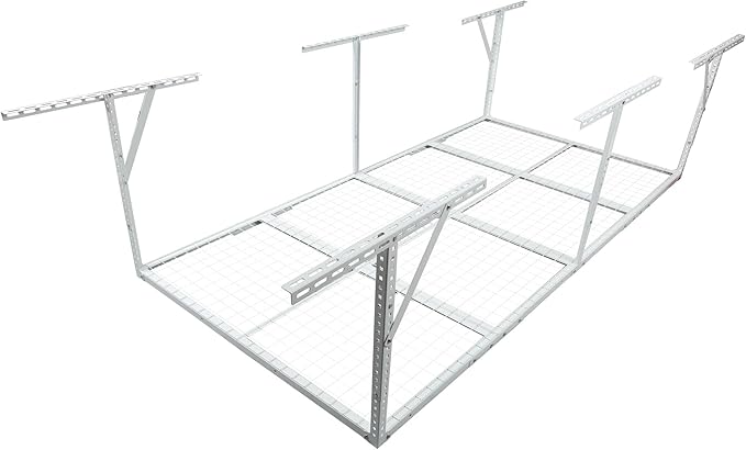4 X 8 FT Garage Ceiling Storage Racks, Heavy Duty Overhead Garage Storages Rack with Adjustable Hight, Metal Hanging Garages Storage Rack with Support Rod, 22''- 40" Adjustable, 600 LBS (White, 4x8FT)