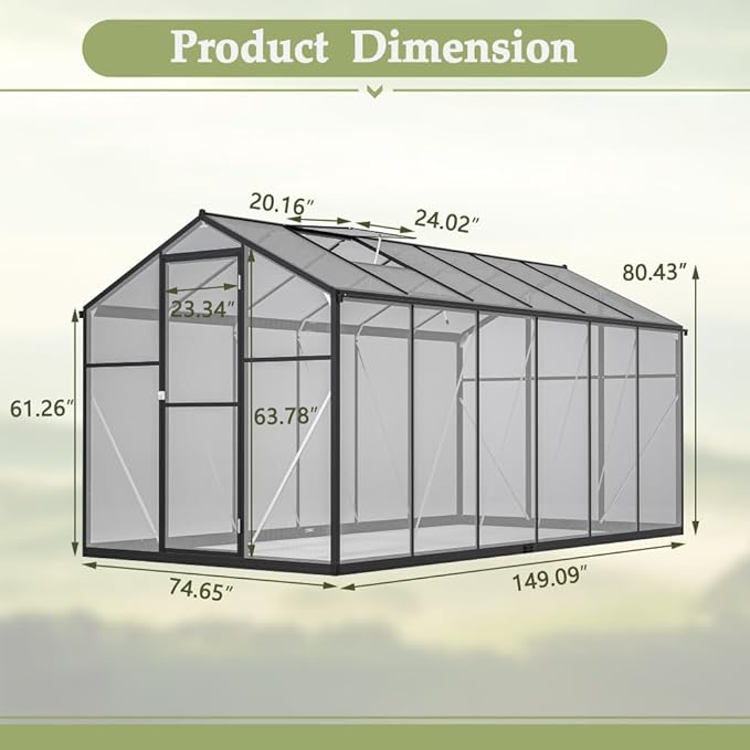 Outdoor Polycarbonate Greenhouse with Aluminum Frame, Walk-in Garden Green House Featuring Lockable Door, Adjustable Roof Vent, and UV-Protected Panels for Backyard or Patio Use (6x12 FT)