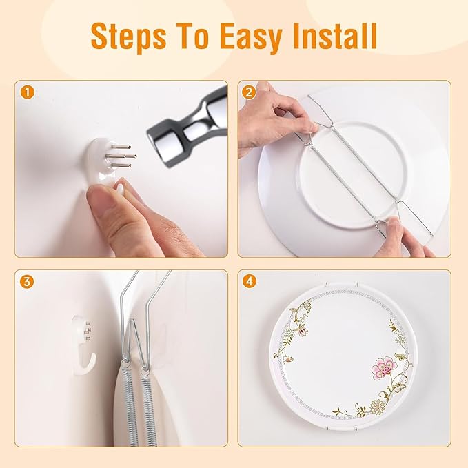 Bilillo 4 Pack Plate Hangers for The Wall, Suitable for 12-16 inch Art Plate, Stainless Steel Invisible Heavy Duty Wire Plate Holder with Wall Hooks, Plate Hangers for Displaying Plates, Silver