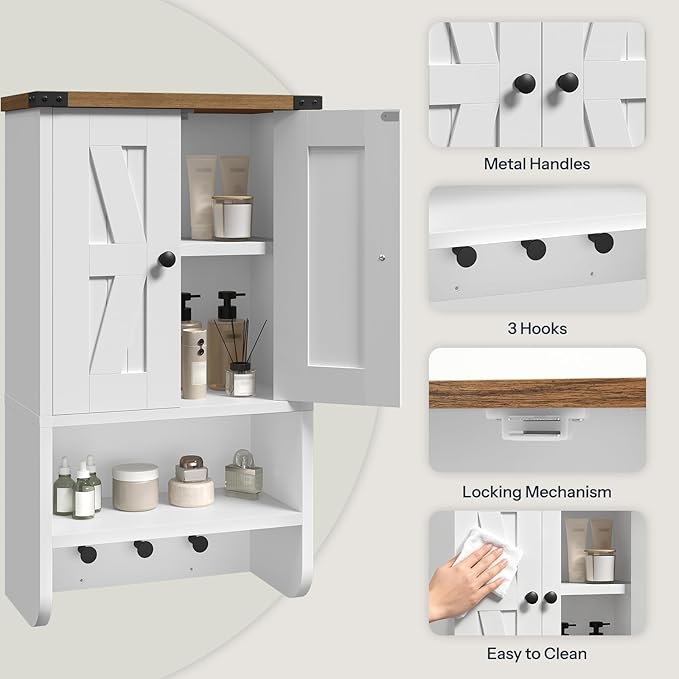 Bathroom Wall Cabinet, Farmhouse Medicine Cabinet with Adjustable Shelf, 3-Tier Wall-Mounted Storage Cabinet with 3 Hooks and Open Shelf, for Bathroom, Living Room, Kitchen, White and Walnut