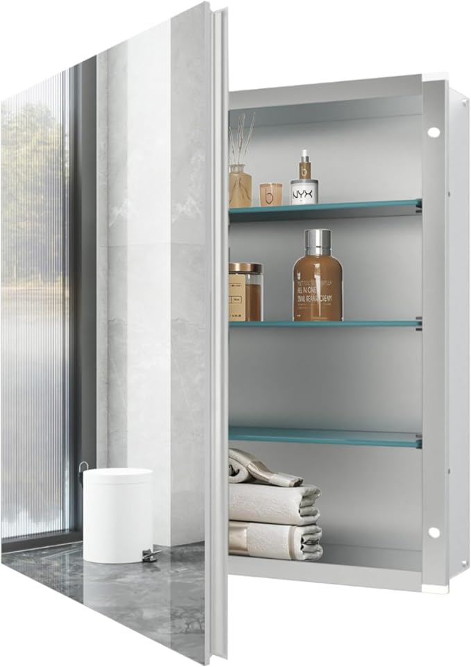 28x28 inch Medicine Cabinet Mirror with Storage, Aluminum Surface Mount or Recessed Medicine Cabinet with Adjustable Shelves for Bathroom Bedroom