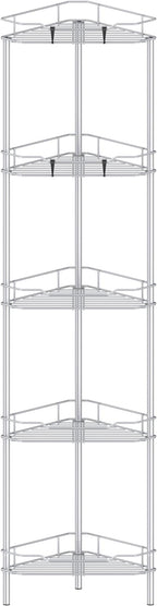 5 Tier Floor Standing Corner Shower Caddy Organizer Shelf with Hooks, Bathroom Shelves Stand Rack, Silver