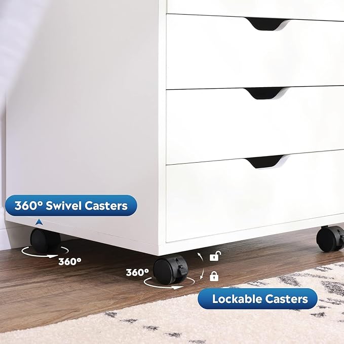 DEVAISE Wood File Drawers, Mobile Chest with 5 Drawer and 1 Door, Rolling Filing Drawer for Home Office, White
