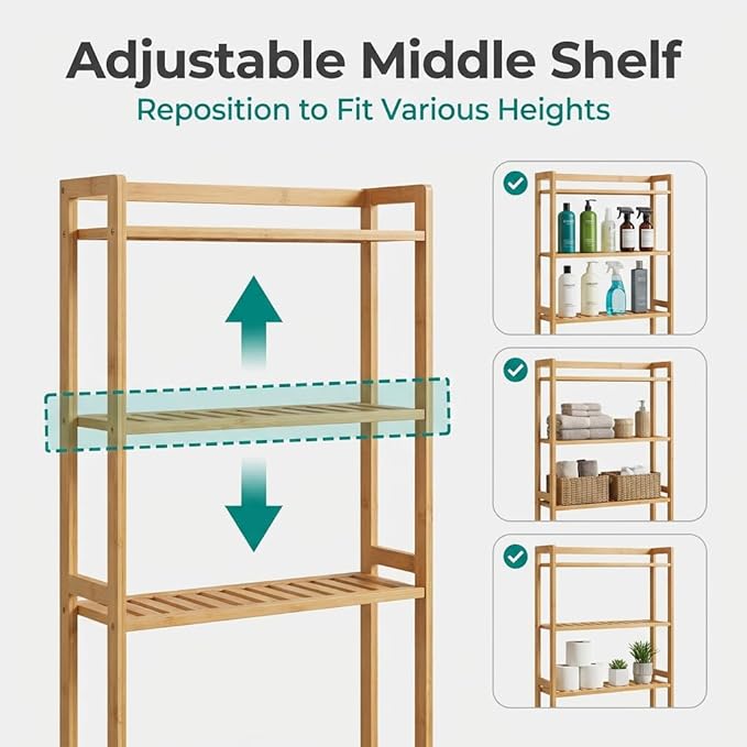 Over the Toilet Storage, 3-Tier Bamboo Bathroom Organizer with Adjustable Shelf, Space-Saving Rack, 66.9" Tall (Grey)