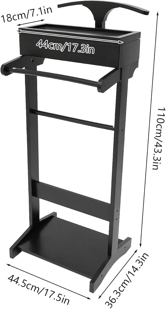 Valet Stand for Man and Women, Wood Suit Rack Suit Valet Stand with Top Tray, Storage Drawer, Bottom Shoe Rack, Freestanding Clothes Rack for Living Room, Entryway, Bedroom, Office, Black (Black)