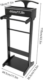 Suit Valet Stands for Women and Men, Valet Stand with Drawer, Top Tray, Contour Hanger, Trouser Bar, Belt Hooks & Shoe Rack, Accessory & Clothes Organizer, Wood Suit Rack (Black)