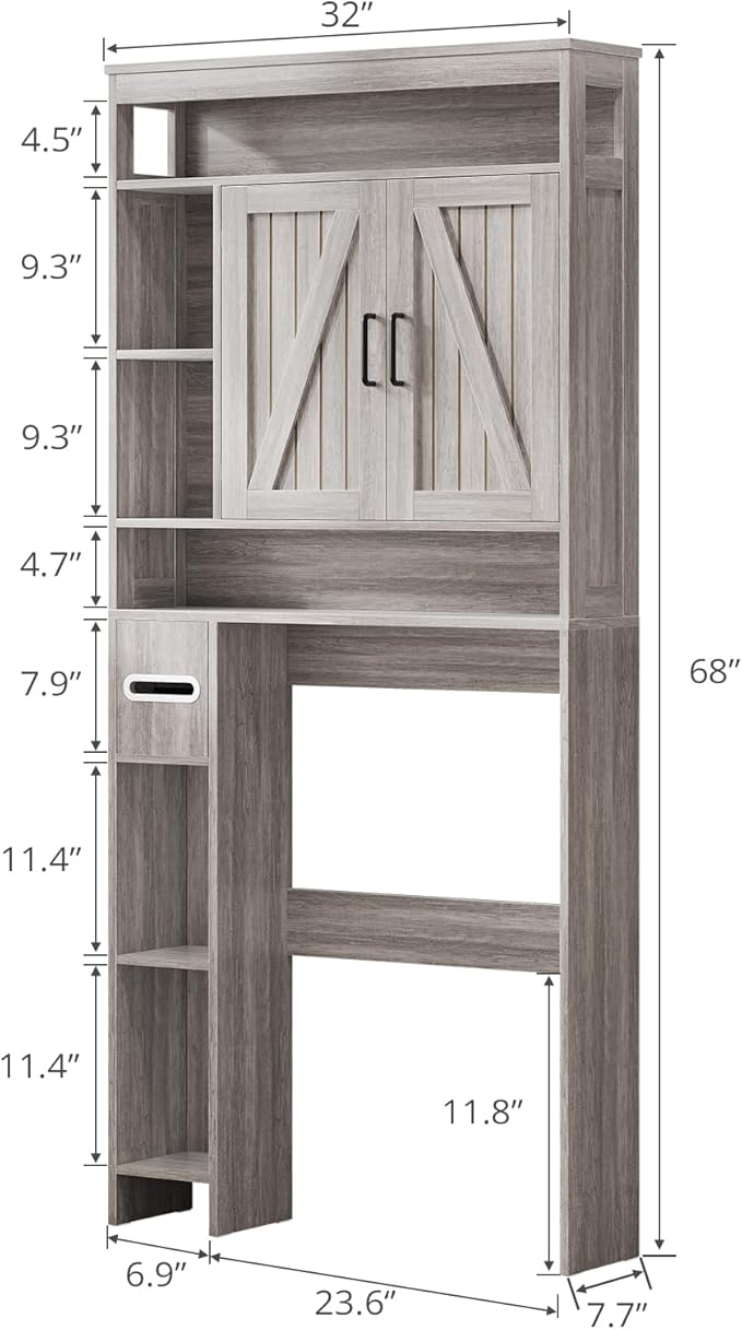 Over The Toilet Storage Cabinet, Farmhouse Storage Cabinet Over Toilet with 2 Barn Door & Toilet Paper Holder Stand, Freestanding Space-Saving Toilet Storage Rack for Bathroom, Laundry, Gray
