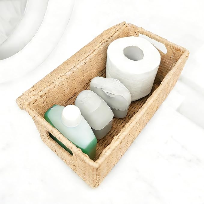 14 Inch Toilet Paper Storage Basket with Lid, 6-Roll Bathroom Organizer, Woven Paper Rope Basket for Narrow Spaces, Multi-Purpose Holder for Towels, Utensils, Picnic & Home Decor