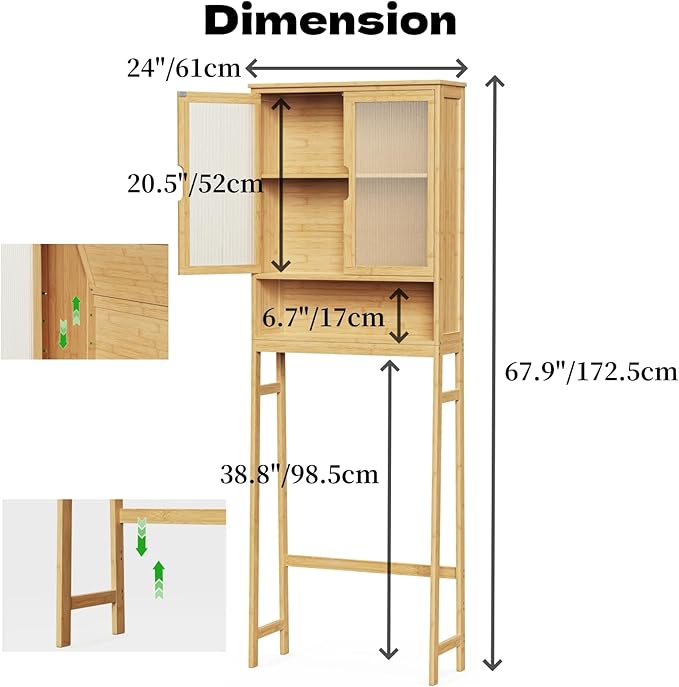 BAMBANG Over The Toilet Storage Cabinet, Bamboo Bathroom Over Toilet Storage Organizer with Adjustable Shelves and Double Doors, Above Toilet Storage Cabinet, Natural
