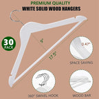 Amber Home White Wooden Hangers 30 Pack - Coat Hangers With Non-Slip Pant Bar for Shirts, Jackets, Dress