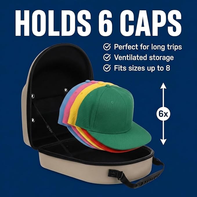 Lids Hat Travel Case – Baseball Cap Carrier for 6 Hats, Durable Black Exterior with Light Blue Interior, Storage with Handle & Adjustable Shoulder Strap, Hard Hat Organizer for Travel & Closet