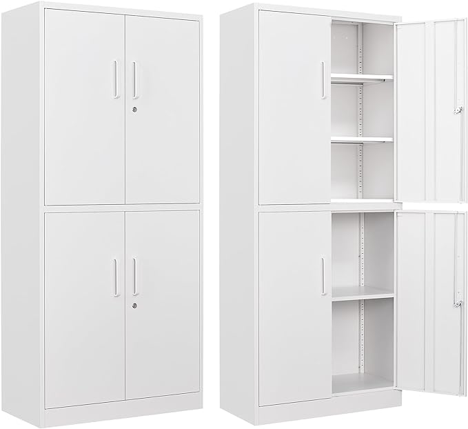 Letaya Metal Storage Cabinet with Lock Door, Adjustable Shelf Steel Cabinets for Office, Home,Pantry,Kitchen,Garage Utility Cabinet (4 Door-White)