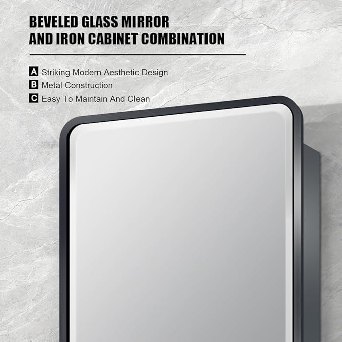 16×24inch Medicine Cabinet,Mirror Cabinet with Beveled Mirror,Soft Close Hinge,Brushed Metal Framed,Detachable Side Plate for Recess Mount or Surface Mount,Black