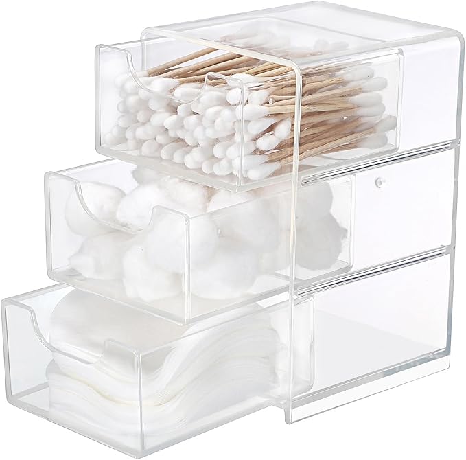 Hipiwe Acrylic Drawer Organizer Qtip Holder for Cotton Pad Cotton Swabs Makeup Storage Drawer with 3 Drawers Clear Desk Drawers Box Bathroom Counter Organizer for Home Office