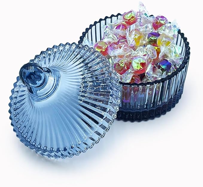 Colorful Glass Jar With Lid,Powder Puff Dish,Jewelry Box,Buffet Jar Biscuit Containers Food Storage,Decorative Jar(Grey-blue)