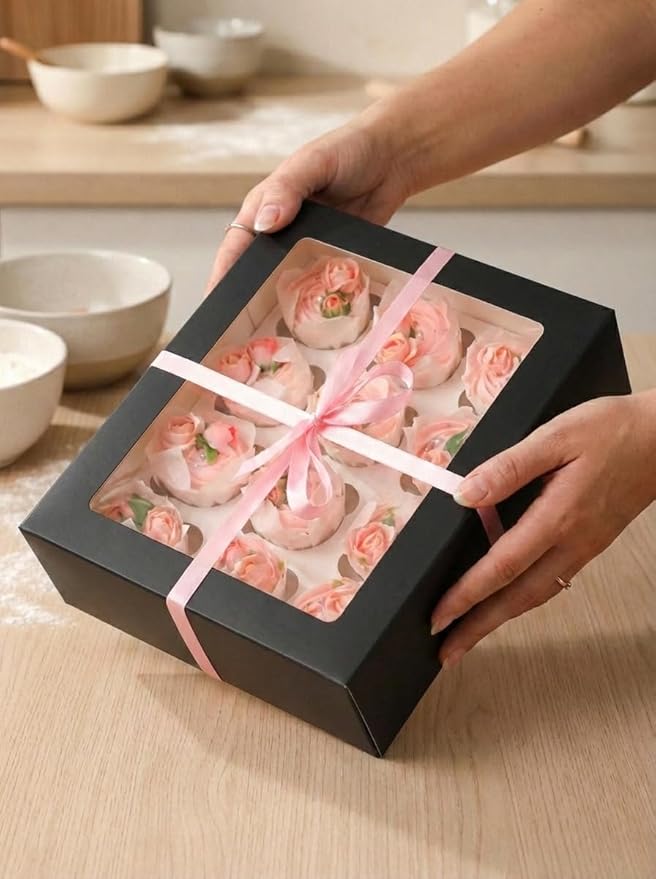 Bakepacker 12 Cupcake Containers 10-Packs Black Cupcake Box Cupcakes Carrier, 12 Cupcake Boxes with Window 13"x10"x3.5"（Auto-pop up）