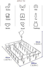 Stainless Steel Sock Drying Rack with 36 Clips, Swivel Hook Wind-Proof Clothes Hanger Rack for Sock, Bras, Underwear, Laundry Accessories