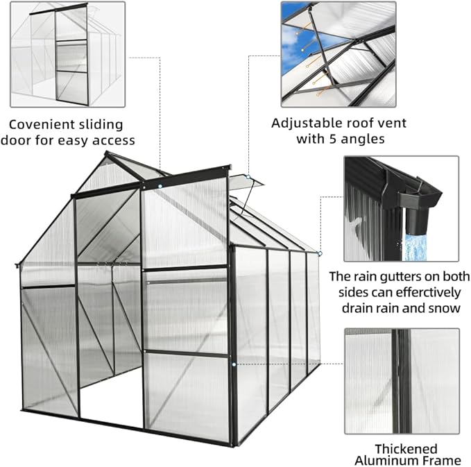 6 ft x 8 ft Aluminum Frame Greenhouse for Outdoor Use with Sloped Roof and Sliding Door for Garden Plant Protection (Black 6 * 8FT)