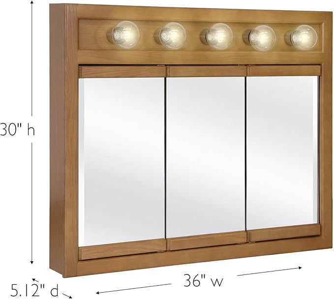 Design House Richland Medicine Cabinet with 5 Lights, Fully Assembled, Wall Mounted, 3 Mirrored Doors, Wood Frame, Oak Finish, 36 in x 5 in x 30 in, 530618-NOK