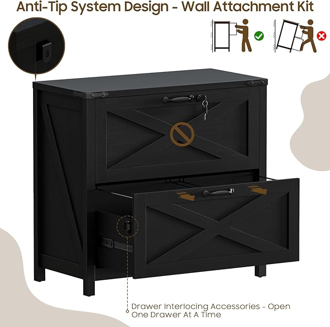 Lateral File Cabinet with 2 Large Drawers, Farmhouse File Cabinet with Lock for Letter/Legal/A4 Size Hanging Files, Wood File Storage Cabinets Printer Stand for Home Office Cabinets, Rustic Black