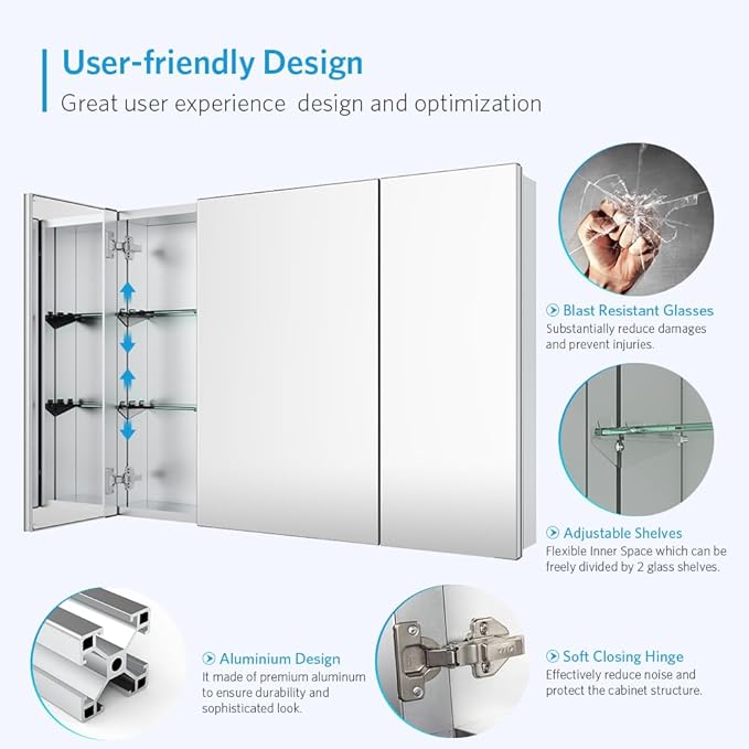 Quavikey Medicine Cabinet with Mirror, Aluminum 3 Doors Recessed or Surface Mount Large Bathroom Mirrored Cabinets 36x26 Inch, Silver