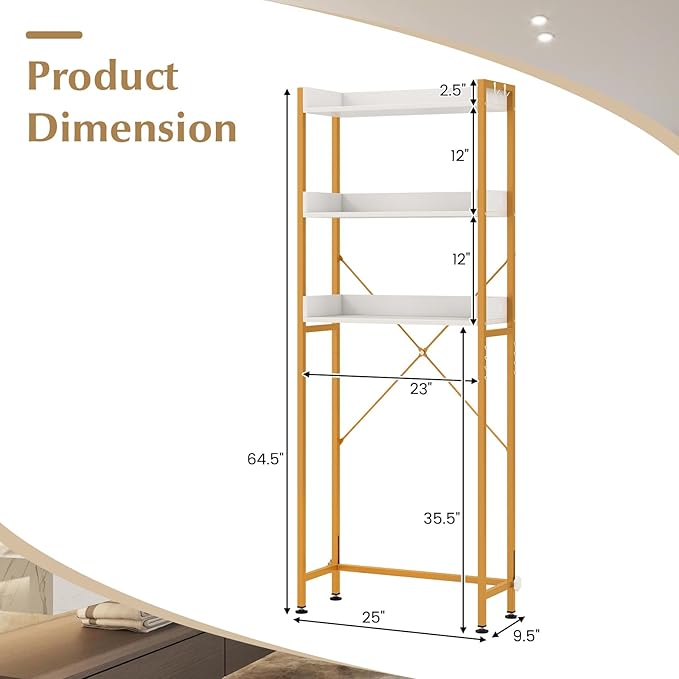 Tangkula Over The Toilet Storage, 3-Tier Toilet Rack Bathroom Space Saver with 4 Hooks & Adjustable Bottom Bar, Freestanding Bathroom Organizer Shelf Over Toilet for Restroom Balcony Laundry (White)