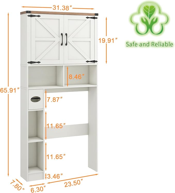 Vabches Over The Toilet Storage Cabinet, Farmhouse Storage Cabinet Over Toilet with 2 Barn Doors && Toilet Paper Holder Stand，Home Space-Saving Toilet Rack, for Laundry, Restroom, Bathroom