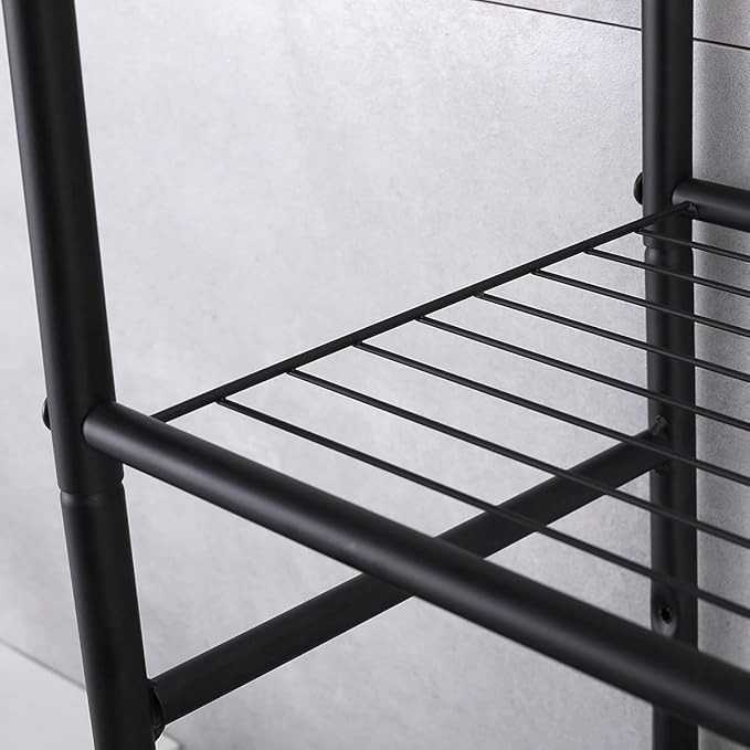 3-Tier Bathroom Over The Toilet Storage Rack Free Standing Metal Frame Shelf Organizer, with 4-Hooks, Black