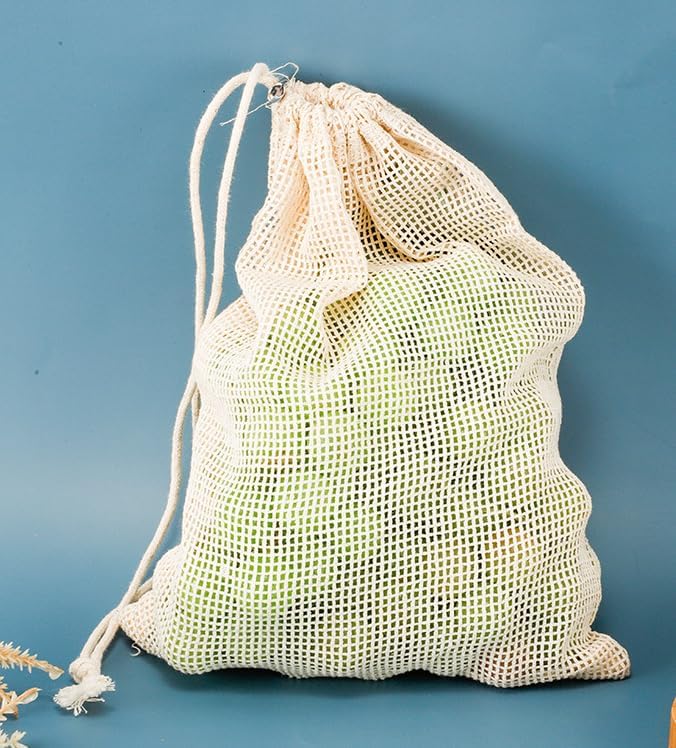 6-Pack Reusable Cotton Mesh Produce Bags Eco-Friendly Washable Fruit & Vegetable Storage Bags, Breathable Drawstring Grocery Bags for Shopping, Farmers Market, Bulk Food