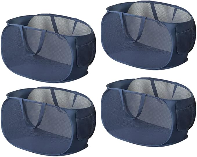 4 Piece Popup Mesh Laundry Basket Durable Handles Collapsible Laundry Baskets Folding Clothes Pastic Hamper for Laundry Room College Dorm (Navy Blue)