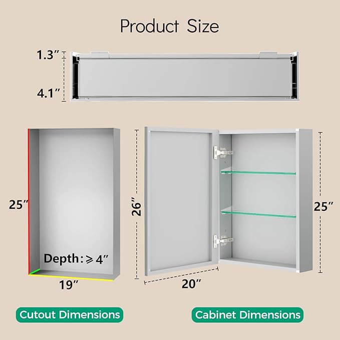 20 x 26 Medicine Cabinet Mirror, Mount or Recessed Bathroom Mirror with Storage, Aluminum Framed Medicine Cabinet with Adjustable Shelves for Bathroom Vanity Modern Farmhouse