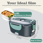 Buddew Electric Heated Lunch Box, 80W Fast Heating, 1.5L Food-Grade 304 Stainless Steel, 12V/24V/110V Portable Food Warmer for Car Truck Office Adults, Lonchera Electrica Portatil (Green)