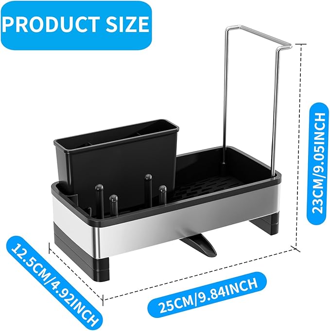 Kitchen Sink Caddy Organizer with Sponge & Brush Holder, Rustproof 304 Stainless Steel Countertop Storage with Towel Bar, Drying Rack for Kitchen Essentials