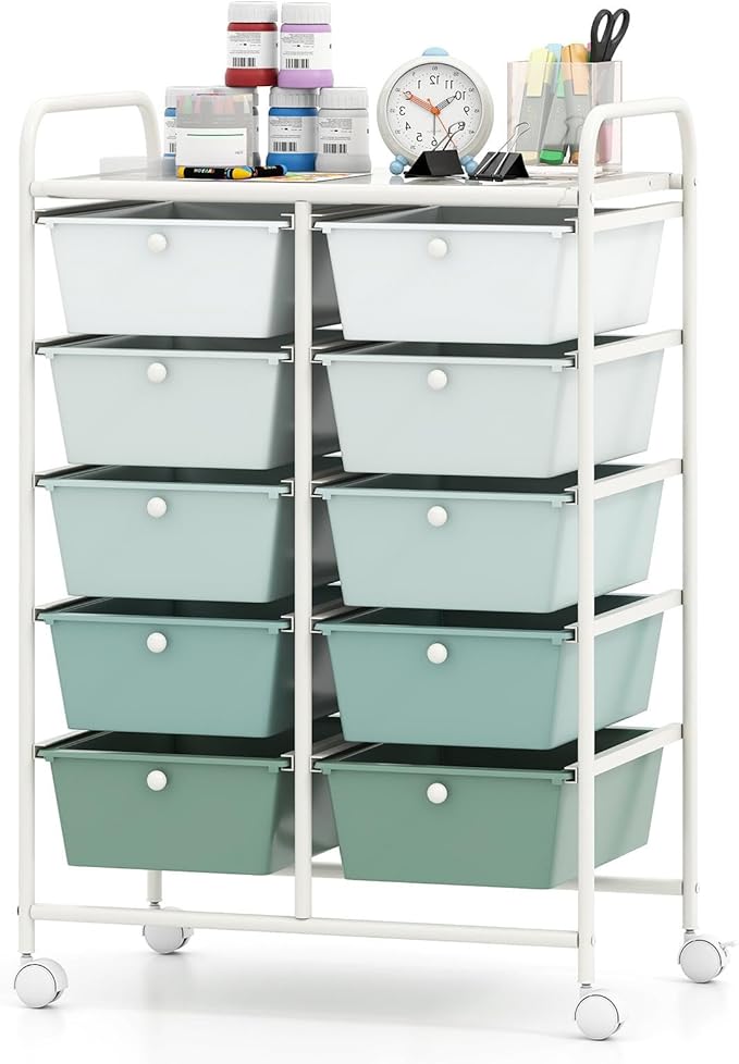 RELAX4LIFE Rolling Storage Cart with 10 Drawers - Craft Storage Cart w/Lockable Wheels, Utility Cart, Art Cart Organizer for School Studio Office Home, Utility Cart on Wheels (Gradient Green)