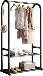 Freestanding Clothing Rack,Metal Garment Rack with Bottom Shelves and 6 Side Hooks,Black Sturdy clothes racks for hanging clothes,Modern Wardrobe Organizer for Bedroom or Closet (L:39.4)