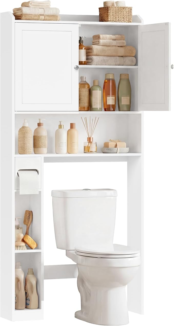 VASAGLE Over The Toilet Storage Shelf, Bathroom Storage Cabinet, Adjustable Shelves, Toilet Paper Holder, Space-Saving, Modern, 7.9 x 31.1 x 66.9 Inches, Cloud White UBTS018WH01S