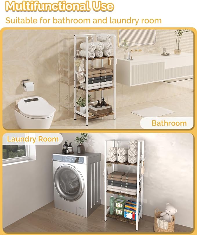 Free Standing Towel Racks for Bathroom with U-Shaped Detachable Dividers, 3-Tier Floor Towels Holder Stand with Shelf & 8 S-Hooks, Metal Pool Towel Storage Organizer for Home, Poolside, White